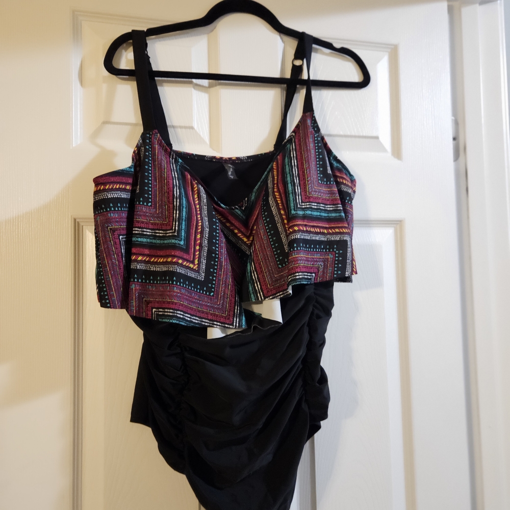 Torrid Black and Multicolor Geometric One-Piece Swimsuit